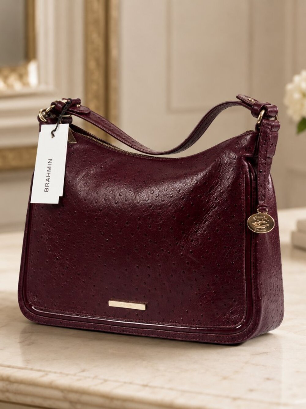 Brahmin Everdeen Sangria Ostrich Leather Shoulder Crossbody Bag NWT